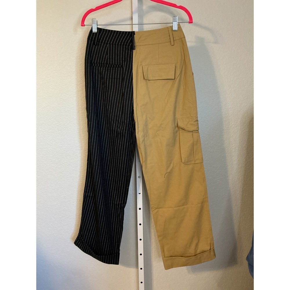 Choosy Two Tone Split Leg Cargo Pinstripe Trousers Tan Black Size 2 Streetwear - Picture 5 of 11